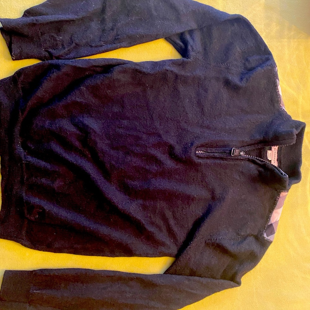 Boys Burberry black quarter zip wool sweater.